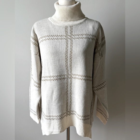 NWT | JODIFL | Grid Print Turtleneck Sweater | Cream & Taupe | Medium - Picture 2 of 6